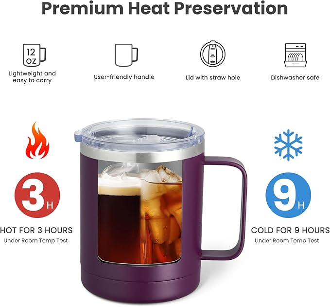 MEWAY 12oz Coffee Mug With Handle 2 Pack Bulk,Stainless Steel Insulated Travel Tumblers With Sliding Lid,Double Wall Vacuum Camping Cup for Hot & Cold Drinks Tea (Forest Green&Plum,Set of 2)