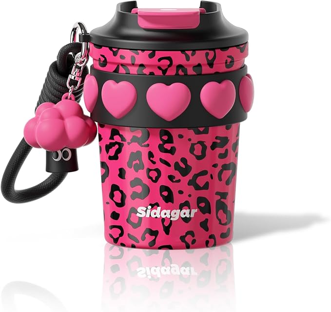 12 oz Travel Coffee Mug Spill Proof Leak Proof, Stainless Steel Thermal Coffee Cup with Lid, Resuable Cup for Hot and Cold, Portable Tumbler for Women, Pink Leopard