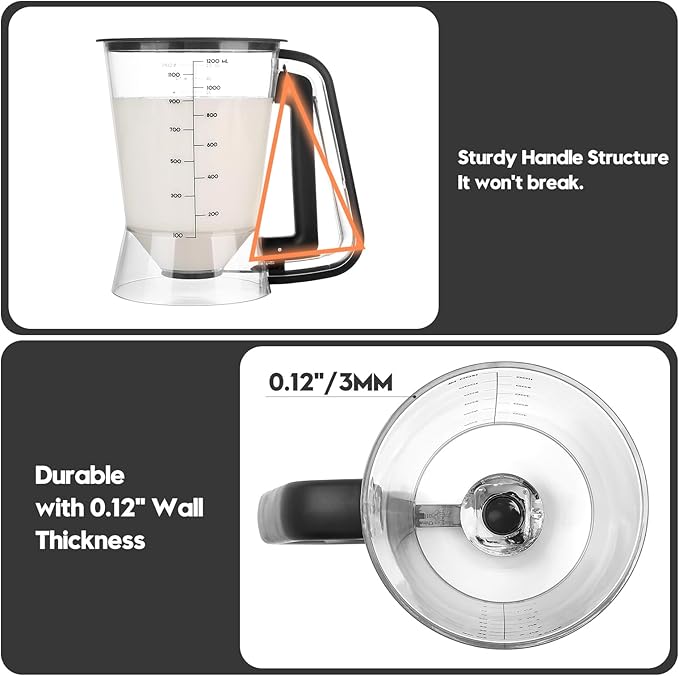 Pancake Batter Dispenser 5 Cup with Sturdy Handle,Batter Separator for Pancakes, Cupcake, Waffle, Muffin Mix, Cake & Crepe Batter pitcher with Squeeze Handle Baking Tools-Black
