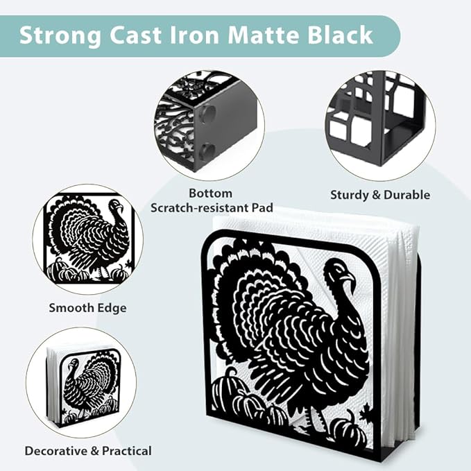 Turkey Decorative Black Metal Napkin Holder for Table, 4.9" x 4.9" x 1.9" Standing Napkin Holder for Home Kitchen Restaurant Picnic Party Coffee Bar Dining Room