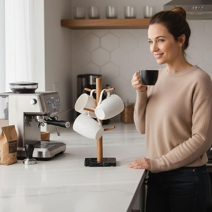 Buruis Wood Mug Holder, Marble Base Cup Rack Tree, Kitchen Coffee Mug Tree Countertop Tea Cups Holder Stand, Coffee Cup Dryer with 6 Hooks (Black)