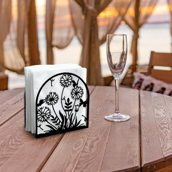 Dandelion Decorative Black Metal Napkin Holder for Table, 5.3" x 4.9" x 1.9" Grass Flower Standing Napkin Holder for Home Kitchen Restaurant Picnic Party Coffee Bar Dining Room