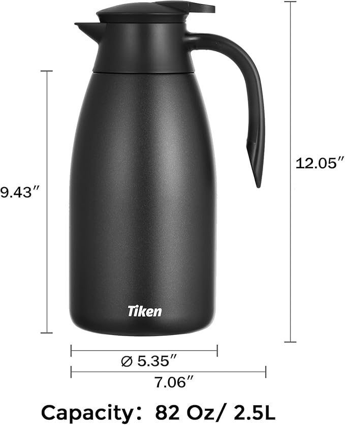 Tiken 85 Oz Thermal Coffee Carafe, Stainless Steel Insulated Vacuum Coffee Carafes For Keeping Hot, 2.5 Liter Beverage Dispenser (Black)