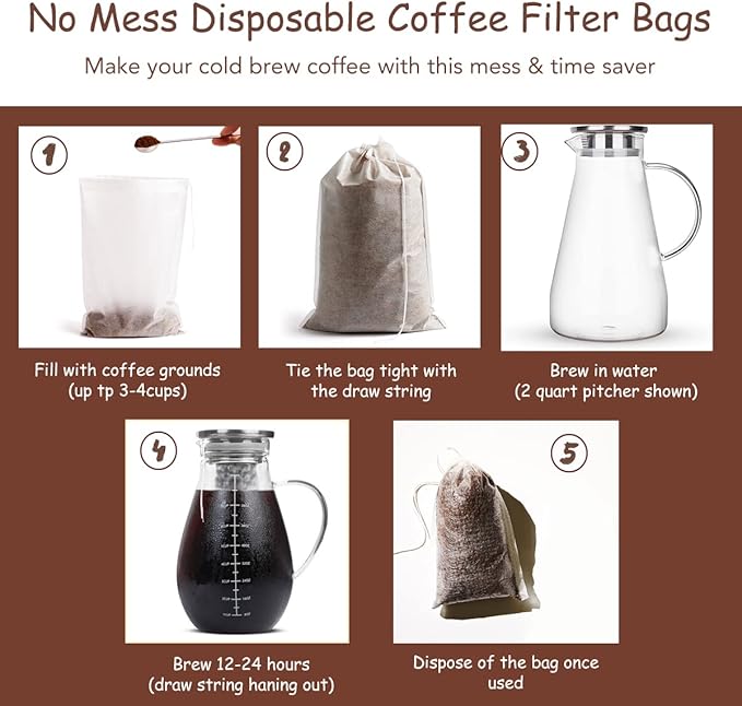 Cold Brew Coffee Bags 60 Count Disposable Fine Mesh Brewing Bags for Concentrate/Iced Coffee Maker, French/Cold Press Kit, Hot Tea in Mason Jar or Pitcher, 6 x 10 Inches