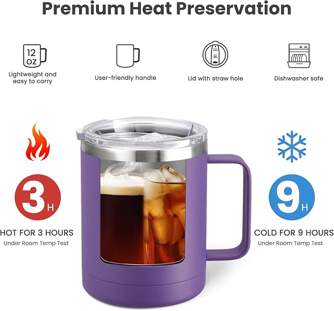 MEWAY 12oz Coffee Mug With Handle 2 Pack Bulk,Stainless Steel Insulated Travel Tumblers With Sliding Lid,Double Wall Vacuum Camping Cup for Hot & Cold Drinks Tea (Purple,Set of 2)