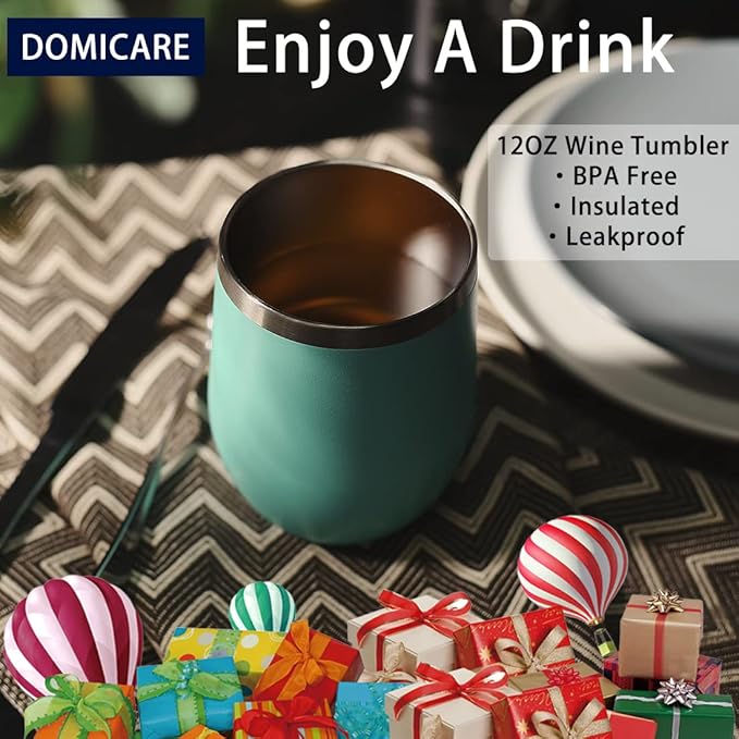 DOMICARE Stainless Steel Wine Tumbler Bulk with Lid, Personalized Insulated Tumblers Set, 12oz Travel Coffee Cups Pack of 12, Light Blue