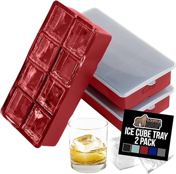 GORILLA GRIP Slow Melting Large Silicone Ice Cube Tray for Freezer, 2 Pack, Easy to Push 8 Giant Square Cubes, Use for Cocktails, Iced Coffee, Water Bottle, Frozen Puree, Kitchen Bar Essentials, Red
