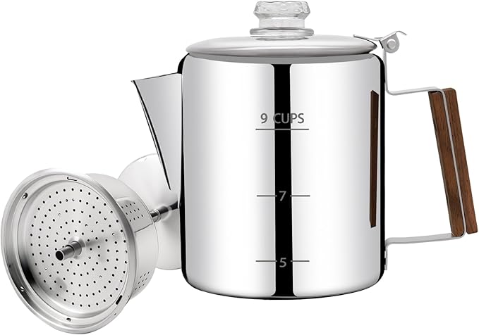 No Coating 9 Cup Percolator Coffee Pot 304 Stainless Steel Moka Pot Stovetop Espresso Maker Italian Greca Cuban Machine 1500ml 50.7oz Suitable for Gas Induction Stovetop Camping Kettle