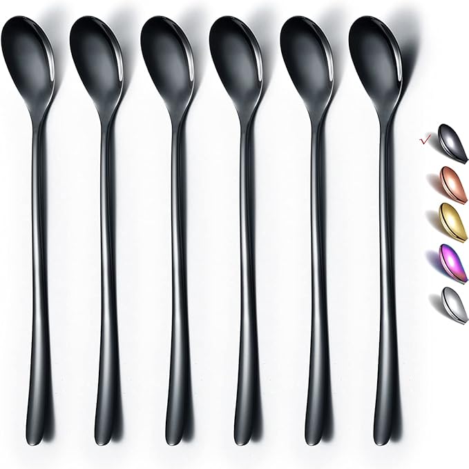 Black Long Handle Spoon, Coffee Stirrers, Premium Stainless Steel Ice Tea Spoons, Ice Cream Spoon, Cocktail Stirring Spoons, Set of 6 (Black)