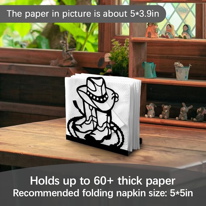 Cowboy Boot Decorative Black Metal Napkin Holder for Table, 4.9" x 4.9" x 2" Western Hat Lasso Standing Napkin Holder for Home Kitchen Restaurant Picnic Party Coffee Bar Dining Room