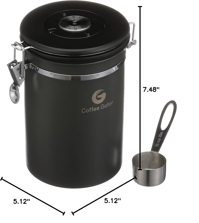 Coffee Gator Coffee Canister, 22oz Airtight Stainless Steel Kitchen Food Storage Container with Date-Tracker, CO2-Release Valve and Scoop for Beans, Grounds, Sugar, Cookies Jars, Tea, Cereal - Gray