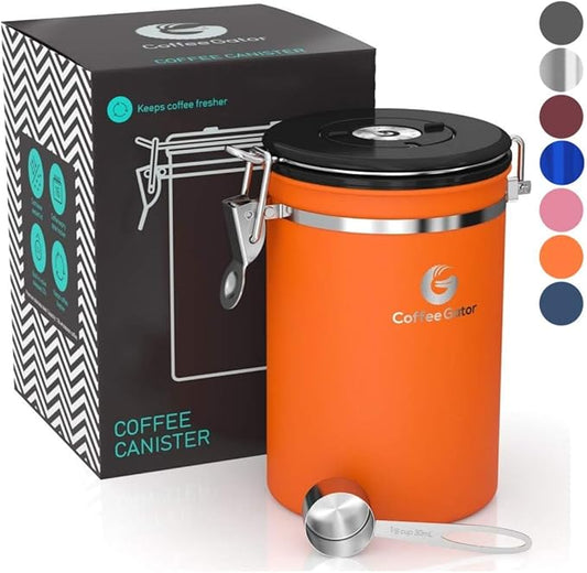 Coffee Gator Coffee Canister, 22oz Airtight Stainless Steel Kitchen Food Storage Container with Date Tracker, Scoop for Sugar, Grounds Coffee, Beans, Tea, Sugar, Cereal, Flour, Cookies Jars - Orange