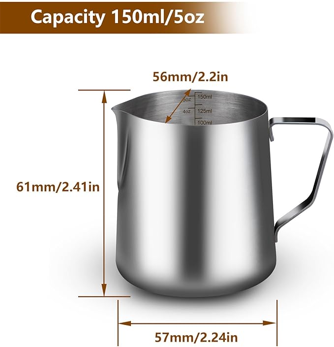 5oz Milk Frothing Pitcher-Stainless Steel Steaming Jug for Espresso, Cappuccino & Coffee-Heat-Resistant, Dripless Spout, Measurement Scale, Dishwasher Safe (150ml/5oz)