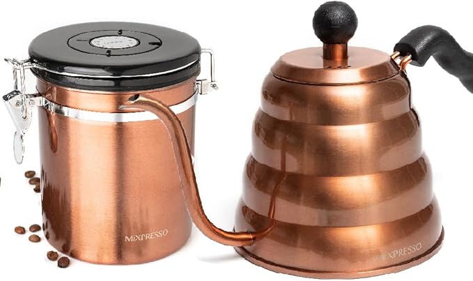 Mixpresso Gooseneck Pour Over Coffee Kettle, Barista Pour Control Design, High-Grade Stainless Steel 1.2 Liter Bundle With Bronze Stainless Steel Airtight Coffee Container with Date Tracker For Coffe