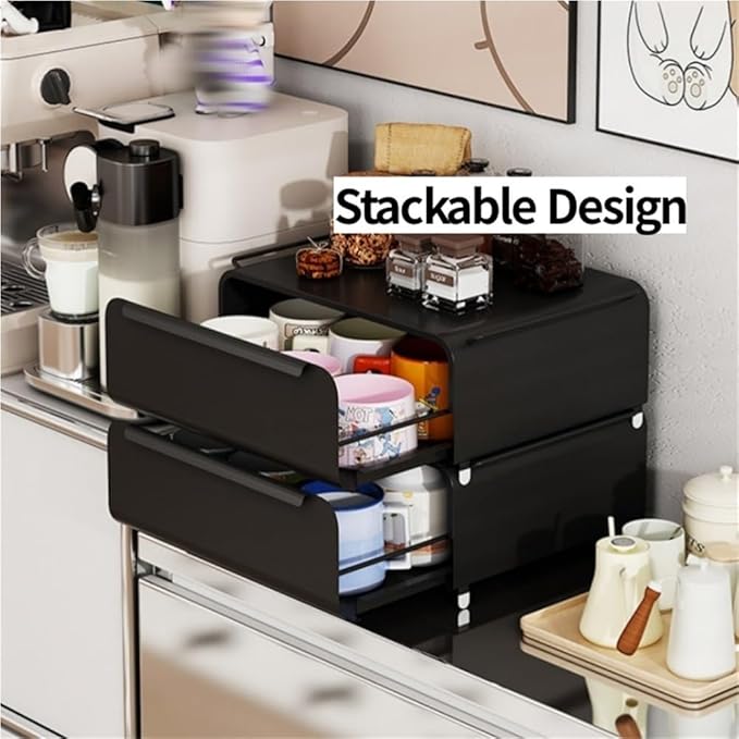 Pull-Out Metal Mug Holder, Countertop Coffee Bar Organizer and Spice Rack, Microwave Stand with Drawer, Stackable Kitchen Counter Organizer(White)