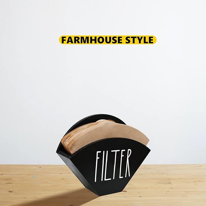 Farmhouse Wood Coffee Filter Holder - Wall Mounted Cone Filter Dispenser for Coffee Bar Decor (Black)