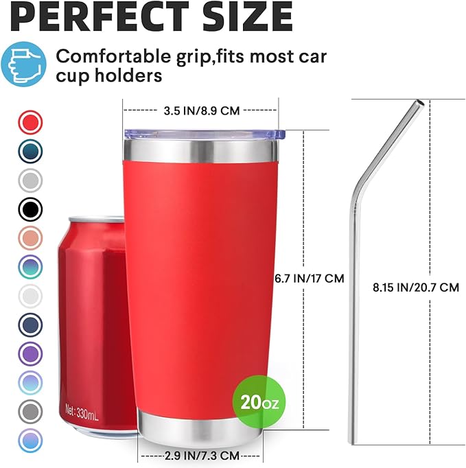 Volhoply 20oz Stainless Steel Tumbler with Lid and Straw Bulk 4 Pack,Double Wall Insulated Travel Iced Coffee Mug Fits Cup holder,Powder Coated Cups for Hot/Cold Drinks,Gifts for Women（Red,4 Set）