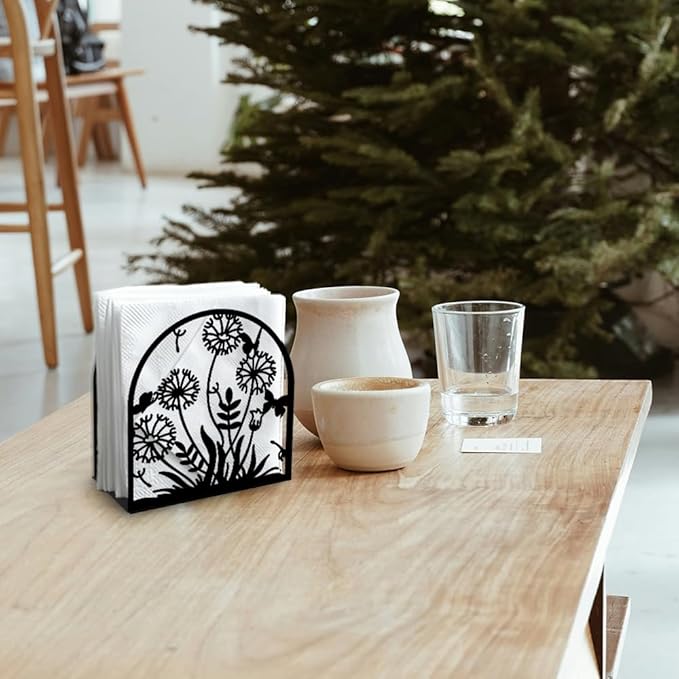 Dandelion Decorative Black Metal Napkin Holder for Table, 5.3" x 4.9" x 1.9" Grass Flower Standing Napkin Holder for Home Kitchen Restaurant Picnic Party Coffee Bar Dining Room