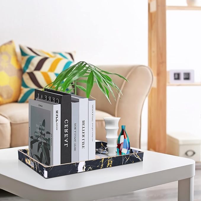 Gifturbo Black Serving Tray,Marble Decorative Serving Trays with Handles, Coffee Table Tray Ottoman Rectangular Plastic Trays with Gold Rim for Living Room, Bathroom，15.7 x 10.2 x1.37 inches