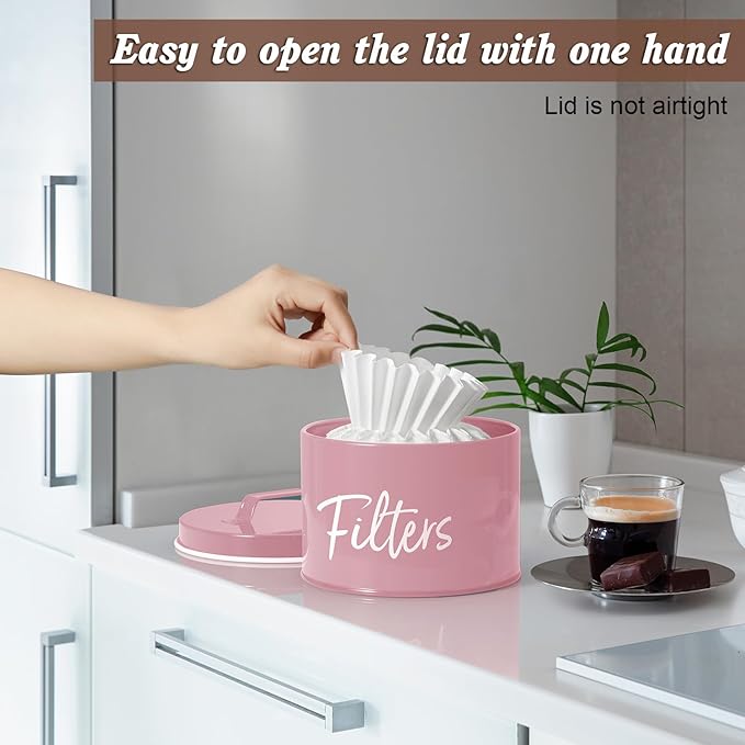 DRASTAR Coffee Filter Holder, Filter Storage with Lid for Counter, Storage Basket Container for Coffee Bar Accessories Decor, Pink