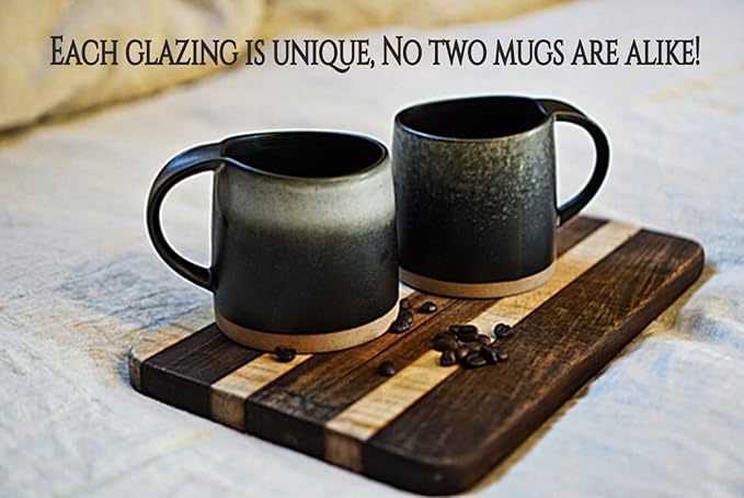 Well Covered & Green Original Night Glazed Ceramic Coffee Mug Set - 2 Vintage Japanese Style Cappucino Coffee Mugs - Stoneware Mug & Matcha Cup Gift Set - 2 x Black, 12oz