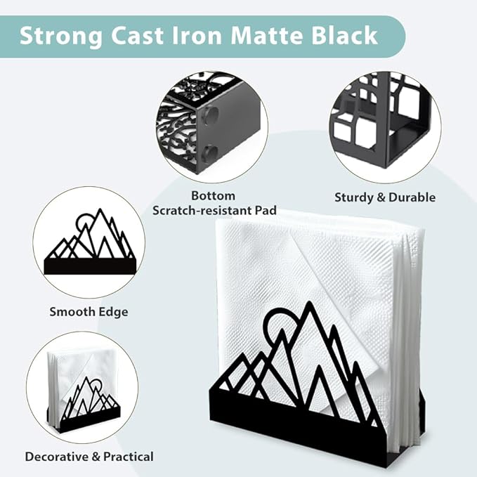 Geometric Mountains Decorative Black Metal Napkin Holder for Table, 4.9" x 4.9" x 1.9" Standing Napkin Holder for Home Kitchen Restaurant Picnic Party Coffee Bar Dining Room
