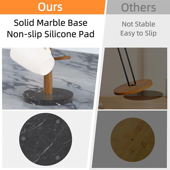 Buruis Mug Holder, Acacia Wood & Marble Base, 6 Hooks Kitchen Countertop Coffee Tea Cups Organizer