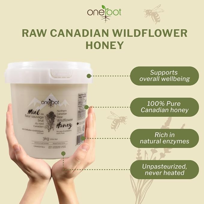 Oneroot 100% Canadian Wildflower Honey - 6.6 lbs, Unheated & Creamed - Nutrient-Rich, Natural Sweetener with Enzymes - Thick & Pure Raw Unfiltered Honey