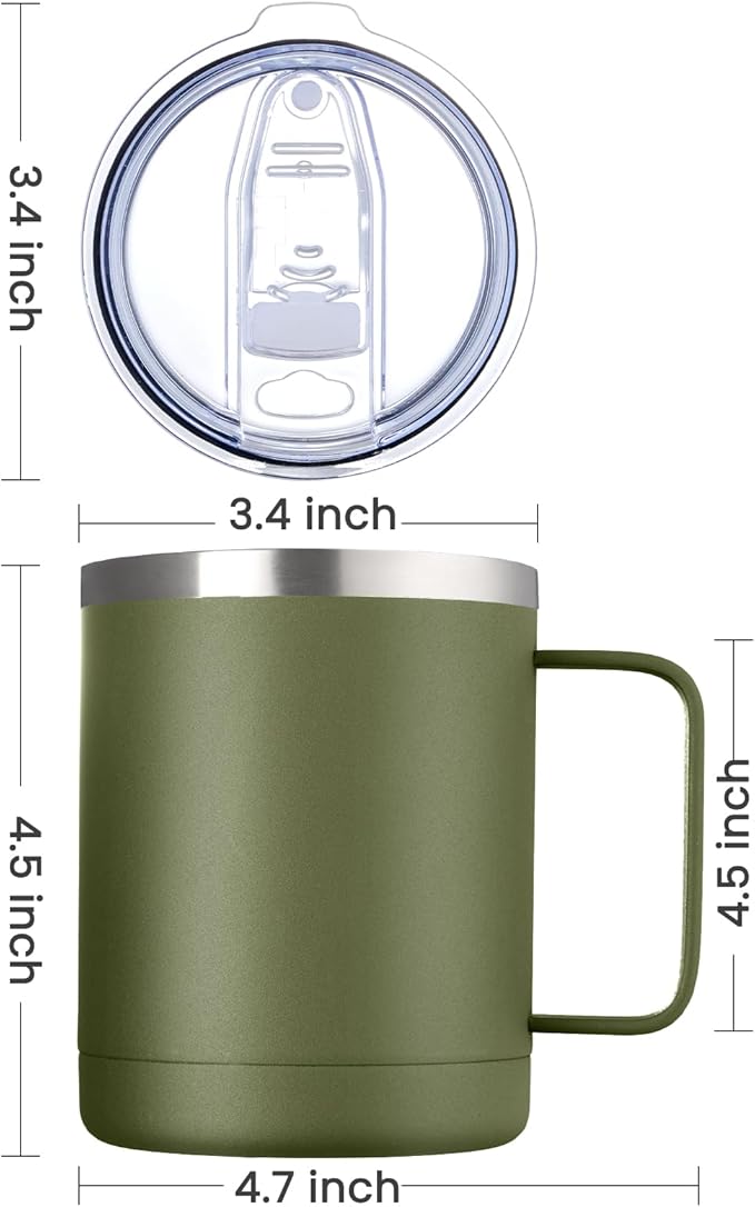 MEWAY 12oz Coffee Mug With Handle and Sliding Lid,Stainless Steel Travel Tumbler Cup with Handle,Double Wall Vacuum Insulated Camping Cup for Hot & Cold Drinks Tea (Army Green,Set of 1