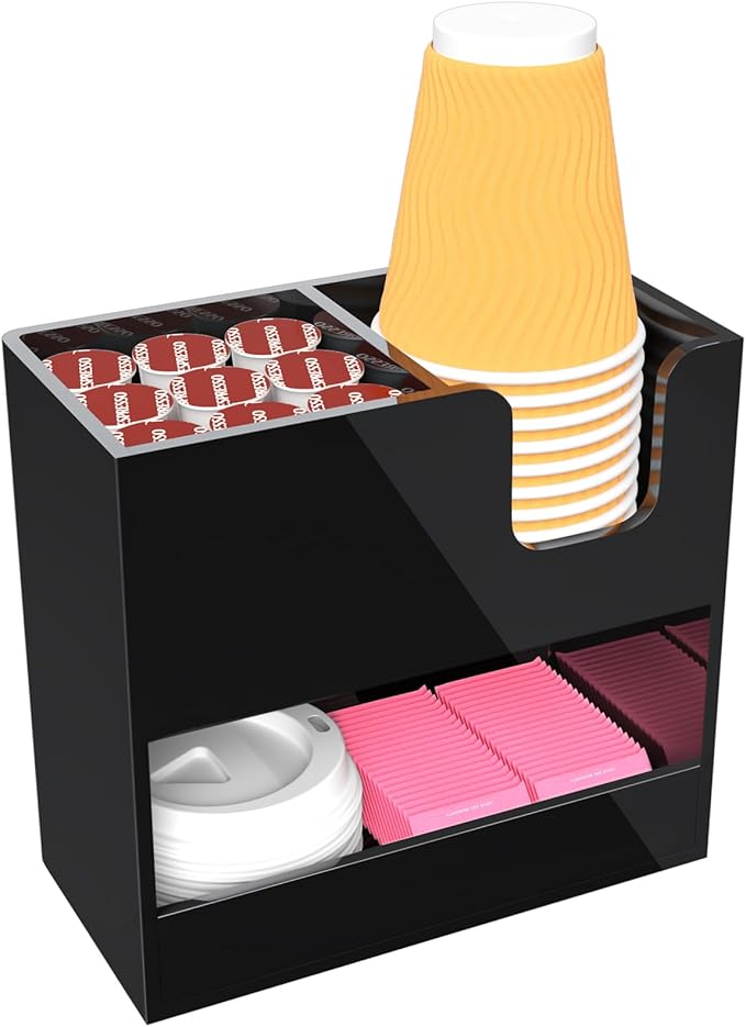 Coffee Condiment and Cup Organizer - 2-Tier Upright Cup and Lid Holder with Straw Organizer 3 Compartments Black Acrylic Cup Dispenser for Restaurant Breakroom Coffee Station Countertop