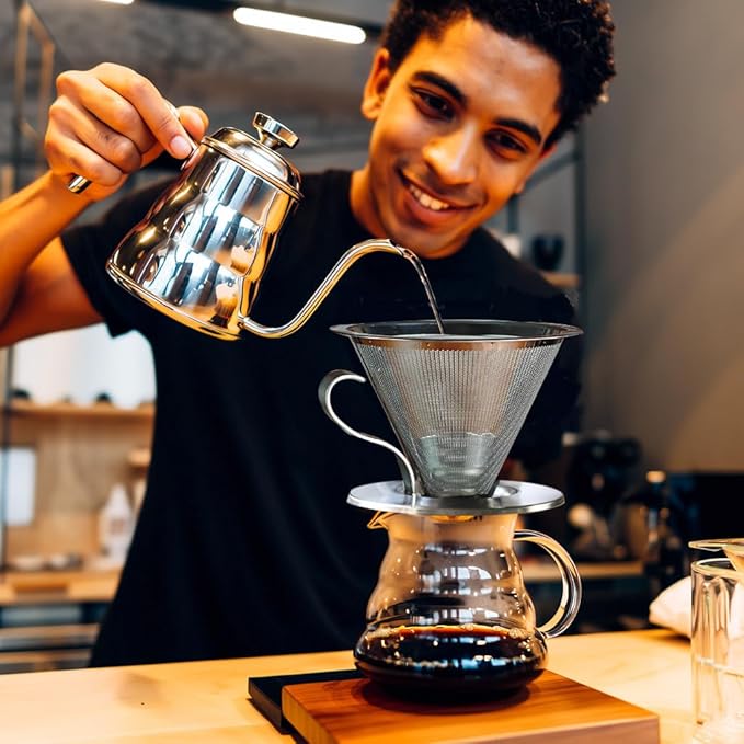Pour Over Coffee Dripper,Double Mesh Stainless Steel Filter,Paperless Strainer Reusable Cone Coffee Filter With Handle, Maker 1-4 Cups