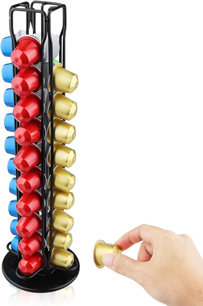 Coffee Pod Holder Compatible with Nespresso Original – 40 Pod Carousel Storage Stand, 360° Rotating Coffee Capsule Organizer, Space-Saving Countertop Holder for Coffee Lovers (Black)