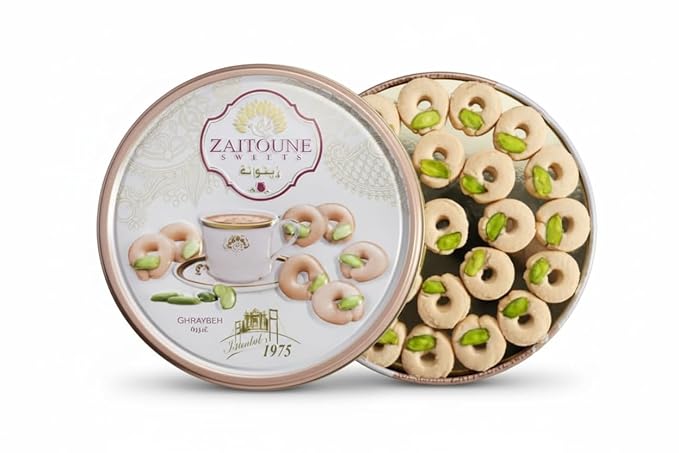 Zaitoune Ghraybeh Cookies - 9 oz | Traditional Middle Eastern Pistachio Shortbreads Handcrafted in Turkey | Beautiful Reusable Gift Tin | Perfect for Dessert | Great Sharing Present