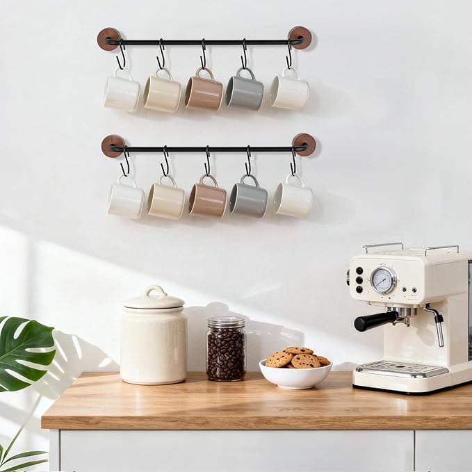 Mkono Mug Holder Wall Mounted Mug Rack Metal Coffee Cup Holder with 10 Hooks Rustic Utensils Storage Organizer Display Hanger for Kitchen Dining Room Coffee Bar Accessories,Set of 2,Brown