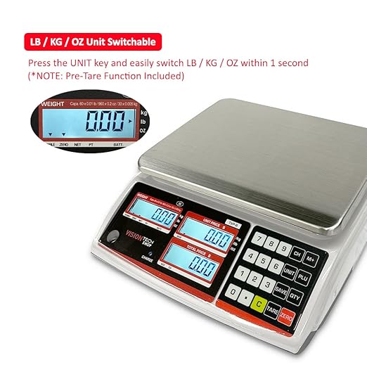 VisionTechShop TVP-30B Price Computing Scale, Lb/Oz/Kg Switchable, 30lb Capacity, 0.005lb Readability, NTEP Legal for Trade COC #19-038, NSF Certified