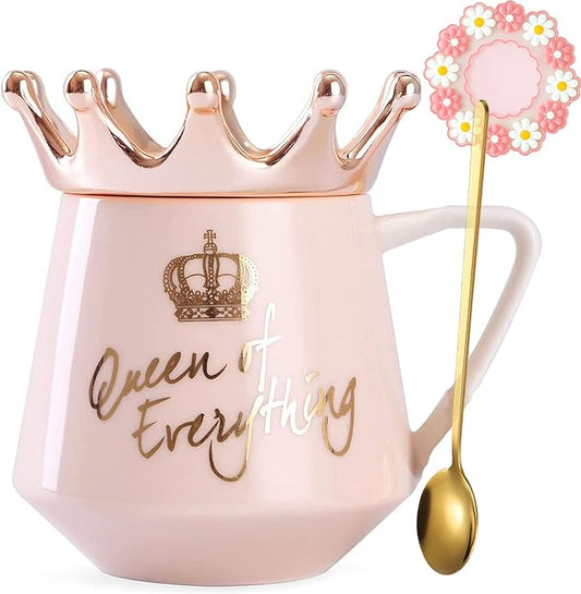 Pink Queen of Everything Mug with Lid Cute Pink Cup with Crown Tea Coffee Mugs Gift with Spoon & Coaster 12 oz Ceramic Cups Birthday Gifts for Women Girls Mom Friend Mothers Day Gifts for Mom