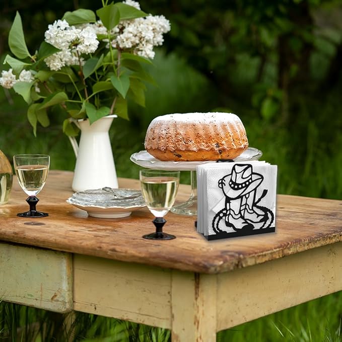 Cowboy Boot Decorative Black Metal Napkin Holder for Table, 4.9" x 4.9" x 2" Western Hat Lasso Standing Napkin Holder for Home Kitchen Restaurant Picnic Party Coffee Bar Dining Room