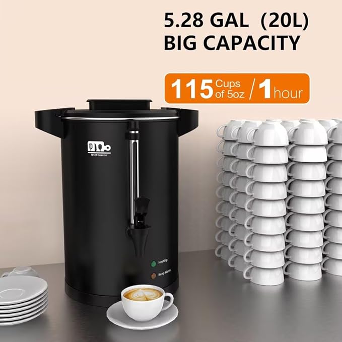 115-Cup 20L Commercial Coffee Urn, Festa Essential 1500W Double Wall Large Percolate Coffee Maker Stainless Steel Hot Water Urn Dispenser with Double Dripless Faucet, Quick-Brewing for Catering, Black