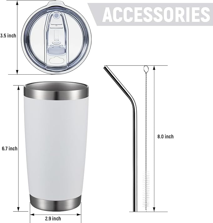 COMOOO 20oz Double Wall Vacuum Insulated Travel Mug, Stainless Steel Tumbler with Lid and Straw Durable Powder Coated Insulated Coffee Cup for Cold & Hot Drinks (White. 2 pack