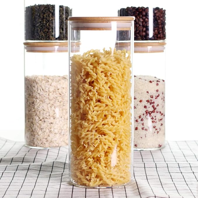 Stackable Kitchen Canisters Set, Pack of 5 Clear Glass Food Storage Jars Containers with Airtight Bamboo Lid for Candy, Cookie, Rice, Sugar, Flour, Pasta, Nuts