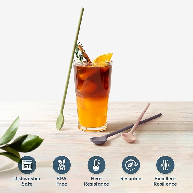 carrotez 9.9" Silicone coffee stirrer, Long Reusable Coffee Spoon for Iced Tea, Multipurpose Beverage Stirring Spoon - Cocoa Brown