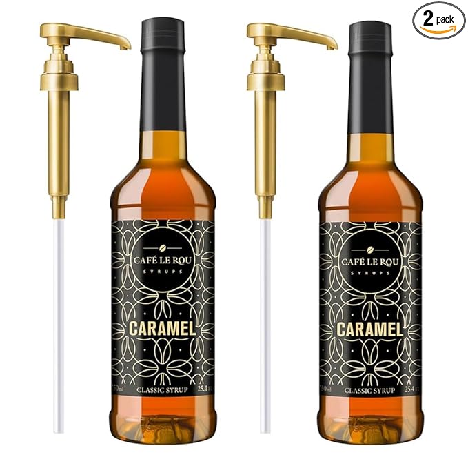 NEW Café Le Rou Caramel Coffee Syrup 25.4 oz Cafe Syrup (Caramel, 2-pack)*Includes 2 Coffee Syrup Dispensers*Flavoring Syrup for Coffee, Tea and Espresso