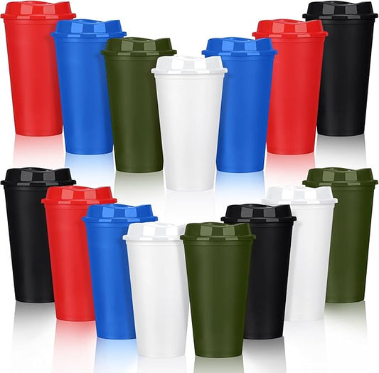 Domensi 15 Pack Reusable Coffee Cups with Lids 16 oz Disposable Travel Cups Bulk Plastic to Go Coffee Tumblers for DIY Hot Cold Drink Party Favors Coworker, Microwaveable (Classic Color)