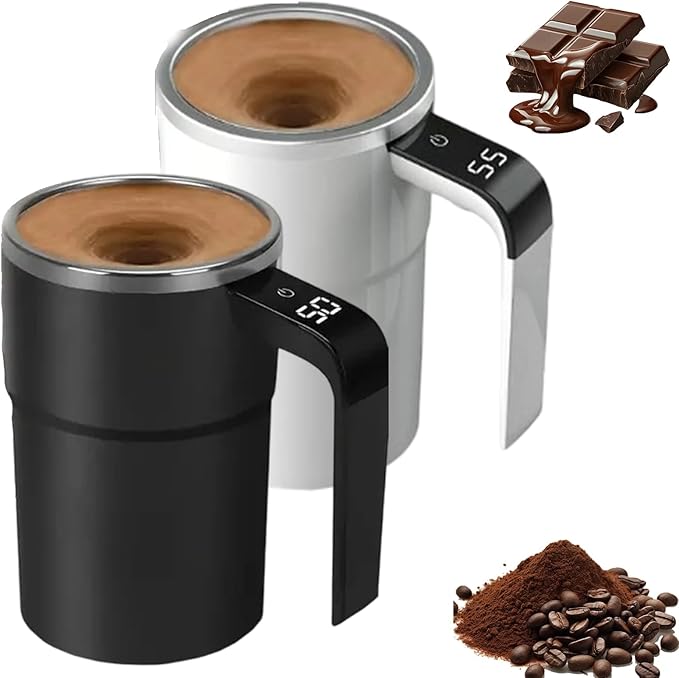 Electric Coffee Mug With a Built-In Lcd Thermometer, 380ML/13OZ Prevent Overflow Self-Stirring Magnetic Coffee Cup, Perfect for Brewing Coffee, Milk, Cocoa, Etc. (Black+White)