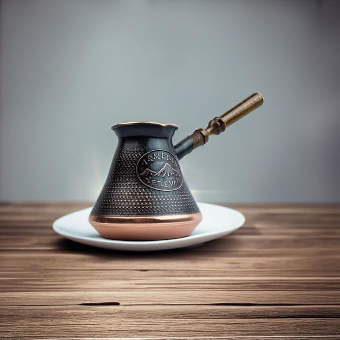Handmade Armenian Coffee Pot Maker 15 Fl Oz - Copper Jazva Ararat Turkish Arabic Greek Cezve Jezve Ibrik Turka Jazve Wooden Handle (5 cup (15 US fl.oz)) Brown