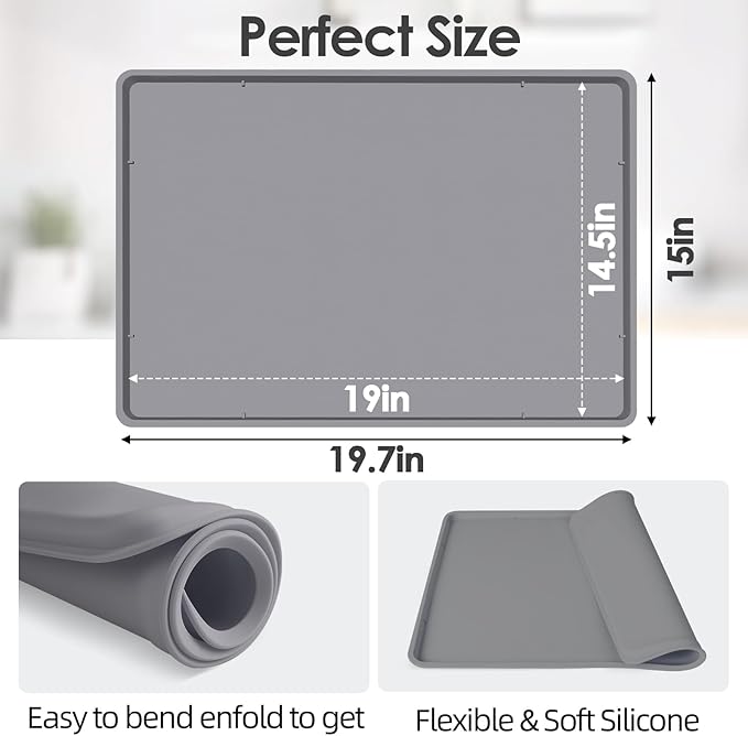 TOHONFOO Silicone Coffee Mat with Lip, 19.7'' x 15'' Heavy Duty Bar Mat, Coffee Tray for Countertop Fit Under Machine Pot Espresso Machine, Grey