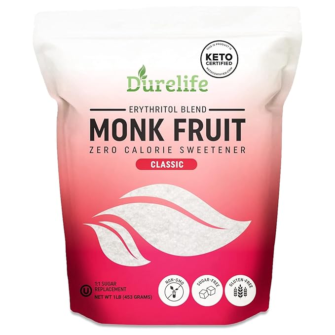 Durelife Monk Fruit Sweetener, Sugar Substitute, Keto Diet Friendly, Zero Calorie, White Sugar Substitute, Classic White - 1 lb (Packaging May Vary)