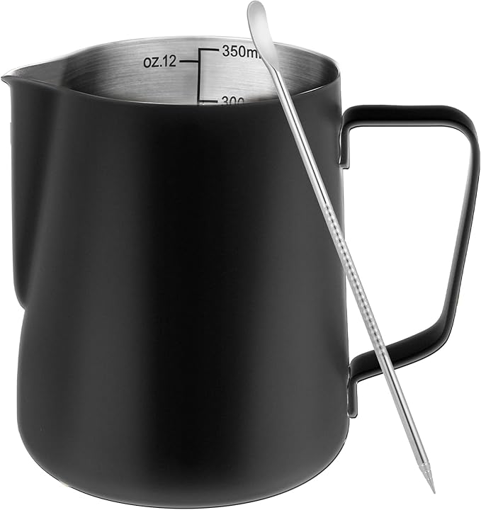 Milk Frothing Pitcher, 12oz Milk Frother Cup with Clear Scale, 304 Stainless Steel Cappuccino Espresso Machine Accessories for Barista Coffee Bar with Latte Art Pen, Black
