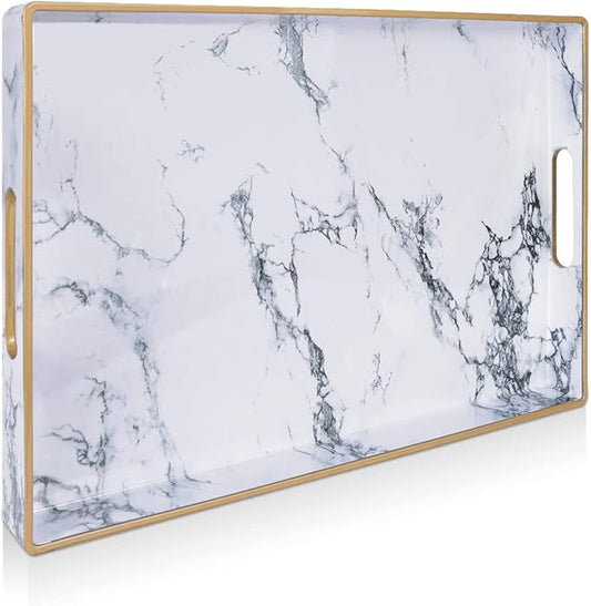 Gifturbo White Serving Tray, Marble Serving Trays with Handles,Rectangular Coffee Table Ottoman Tray Decorative Plastic Tray with Gold Rim for Living Room, Bathroom,Decor,15.7 x 10.2 x1.37 inches