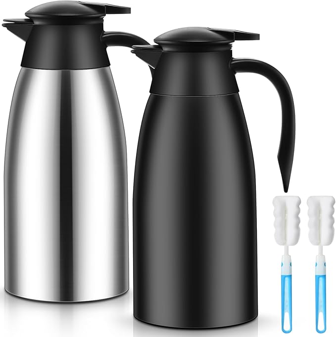 Norme 2 Pcs Thermal Coffee Carafe Insulated Stainless Steel Coffee Carafe for Hot Liquid Vacuum Thermal Pot Creamer Pitcher Dispenser with Brushes Keeping Hot Water Milk(Black, Silver,51 oz)